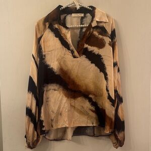 Alessandre Laurent Large Rich Brown, Taupe & Black Abstract Silk-Blend Blouse
